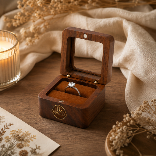 Wooden Jewellery Ring Storage Box with Mirror - Image 4